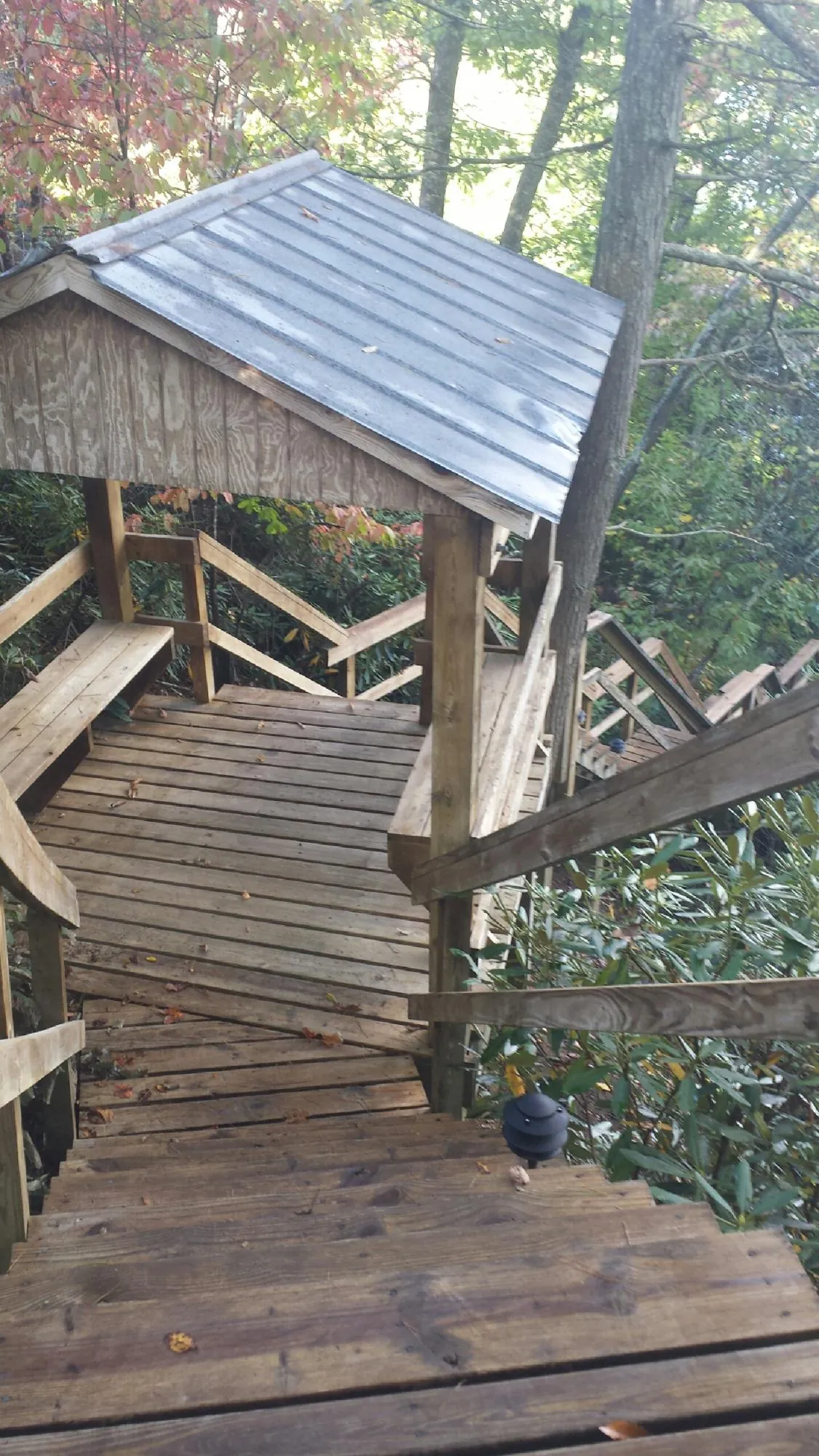 Metal roofed shelter over wooden steps on a wooded walkway — Skylight Repair & Installation work by our crew in Leavenworth